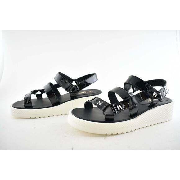 Chanel 20C Black Patent White CC Logo Mule Slide Strap Flat Dad Sandal 40.5 - Picture 6 of 12